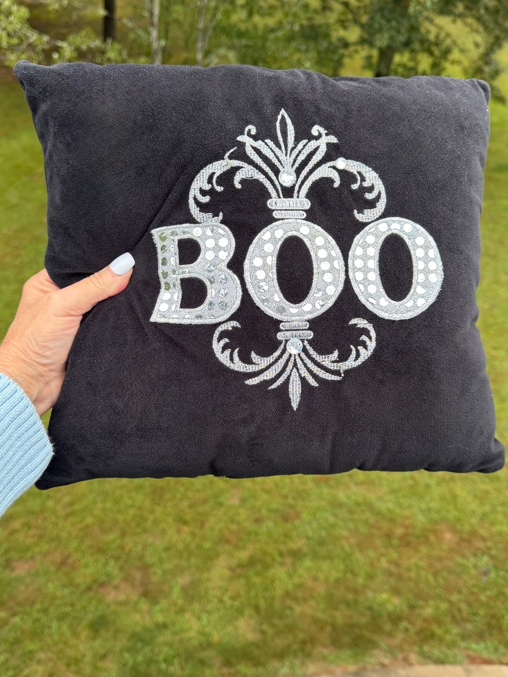 Black Silver BOO Halloween Pillow Rhinestone Embroidered Decor